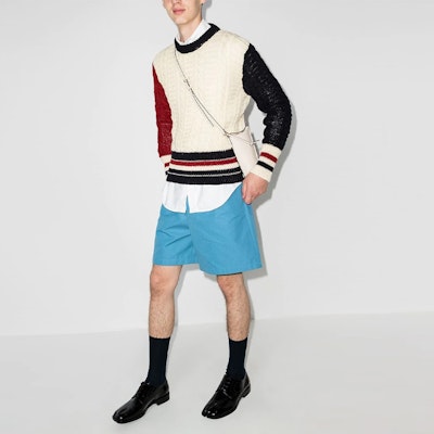 톰 브라운 FW21 컬러블록 케이블 니트 울 스웨터 남성 크루넥 화이트 MKA369F-Y1502-960 Purchase 톰 브라운 FW21 컬러블록 케이블 니트 울 스웨터 남성 크루넥 화이트 MKA369F-Y1502-960