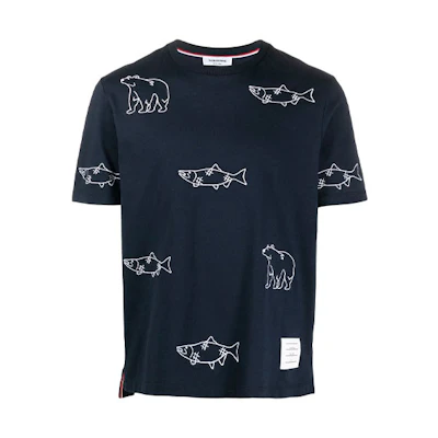 THOM BROWNE FW21 Fish & Bear Embroidery Short Sleeve T-Shirt MJS160E-10030-415