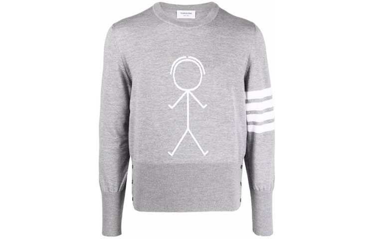 Thom Browne FW21 Grey Four-Bar Stickman Graphic Knit Sweatshirt. MKA380A-Y1002-055