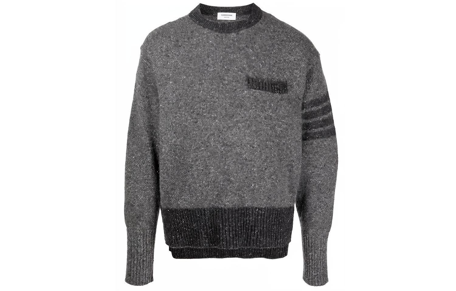 THOM BROWNE FW21 Grey Four-Bar Tweed Mohair Wool Pullover Sweater. MKA378A-Y1502-035