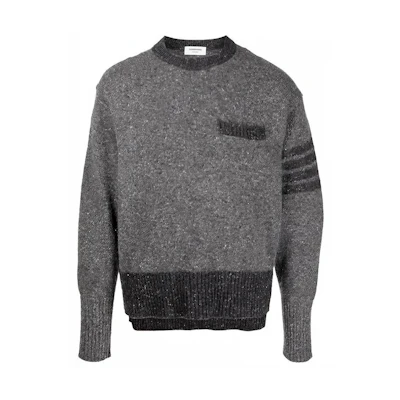 THOM BROWNE FW21 Grey Four-Bar Tweed Mohair Wool Pullover Sweater. MKA378A-Y1502-035