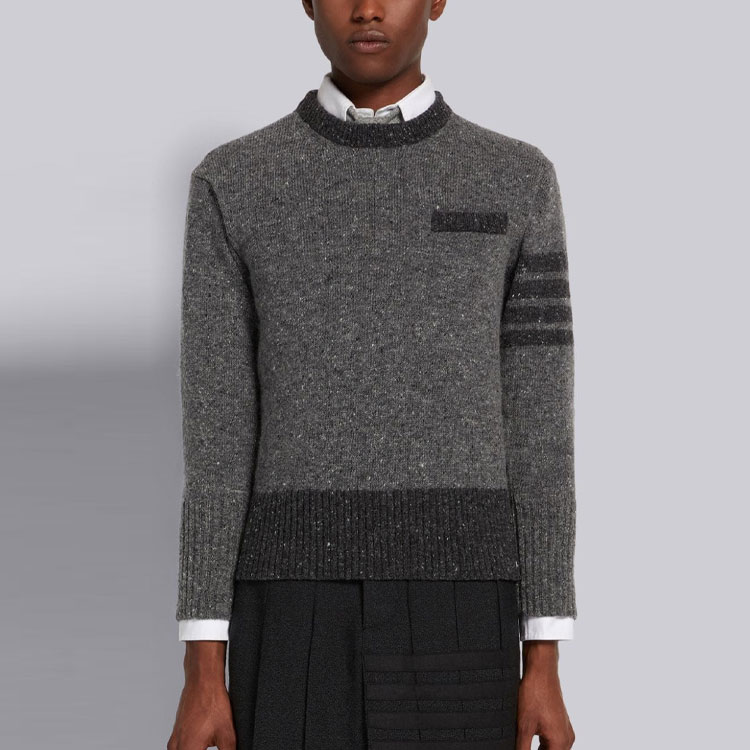 Shop THOM BROWNE FW21 Kelabu Four-Bar Tweed Mohair Wool Pullover Sweater. MKA378A-Y1502-035