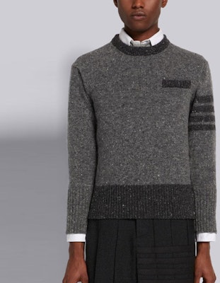 THOM BROWNE FW21 Kelabu Four-Bar Tweed Mohair Wool Pullover Sweater. MKA378A-Y1502-035 Shop THOM BROWNE FW21 Kelabu Four-Bar Tweed Mohair Wool Pullover Sweater. MKA378A-Y1502-035