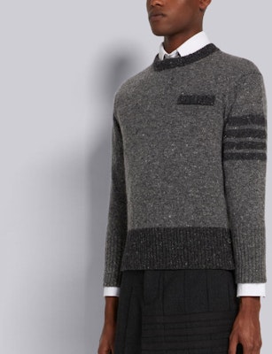 THOM BROWNE FW21 Kelabu Four-Bar Tweed Mohair Wool Pullover Sweater. MKA378A-Y1502-035 Details for THOM BROWNE FW21 Kelabu Four-Bar Tweed Mohair Wool Pullover Sweater. MKA378A-Y1502-035