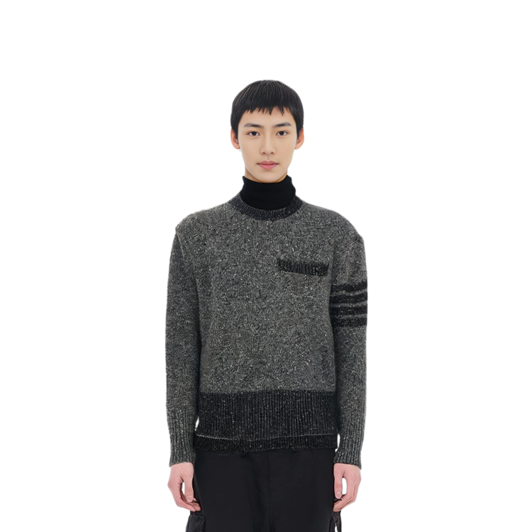 Sizing THOM BROWNE FW21 Kelabu Four-Bar Tweed Mohair Wool Pullover Sweater. MKA378A-Y1502-035