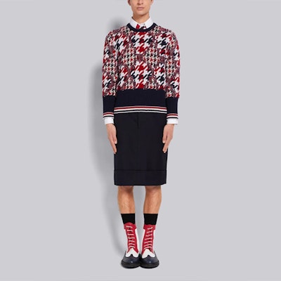 톰 브라운 FW21 하운드투스 자카드 울 크루넥 스웨터 레드 남성용. MKA-375AY9005-960 Lookbook 톰 브라운 FW21 하운드투스 자카드 울 크루넥 스웨터 레드 남성용. MKA-375AY9005-960