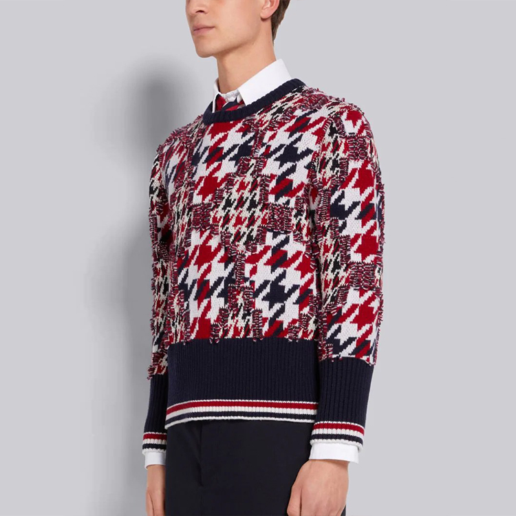 Details for 톰 브라운 FW21 하운드투스 자카드 울 크루넥 스웨터 레드 남성용. MKA-375AY9005-960