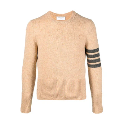 Thom Browne FW21 Men’s Khaki Wool Sweater with Four-Bar Stripes. MKA317A-01085-275