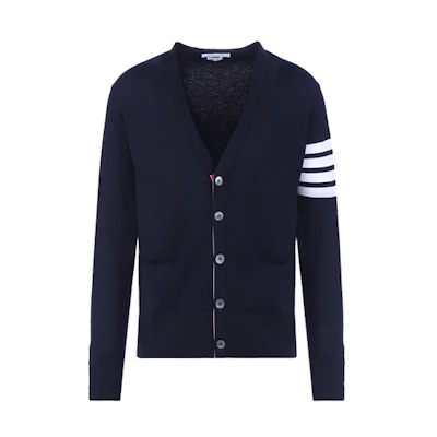 THOM BROWNE FW21 Merino Wool V-Neck Cardigan 4-Bar Unisex Blue Sweater MKC002A-00014-415