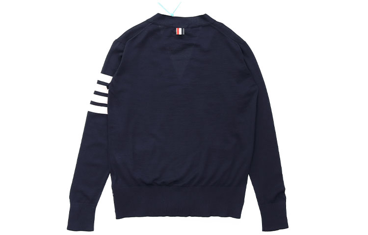 Shop 톰브라운 FW21 메리노울 V넥 가디건 4선 유니섹스 블루 스웨터 MKC002A-00014-415