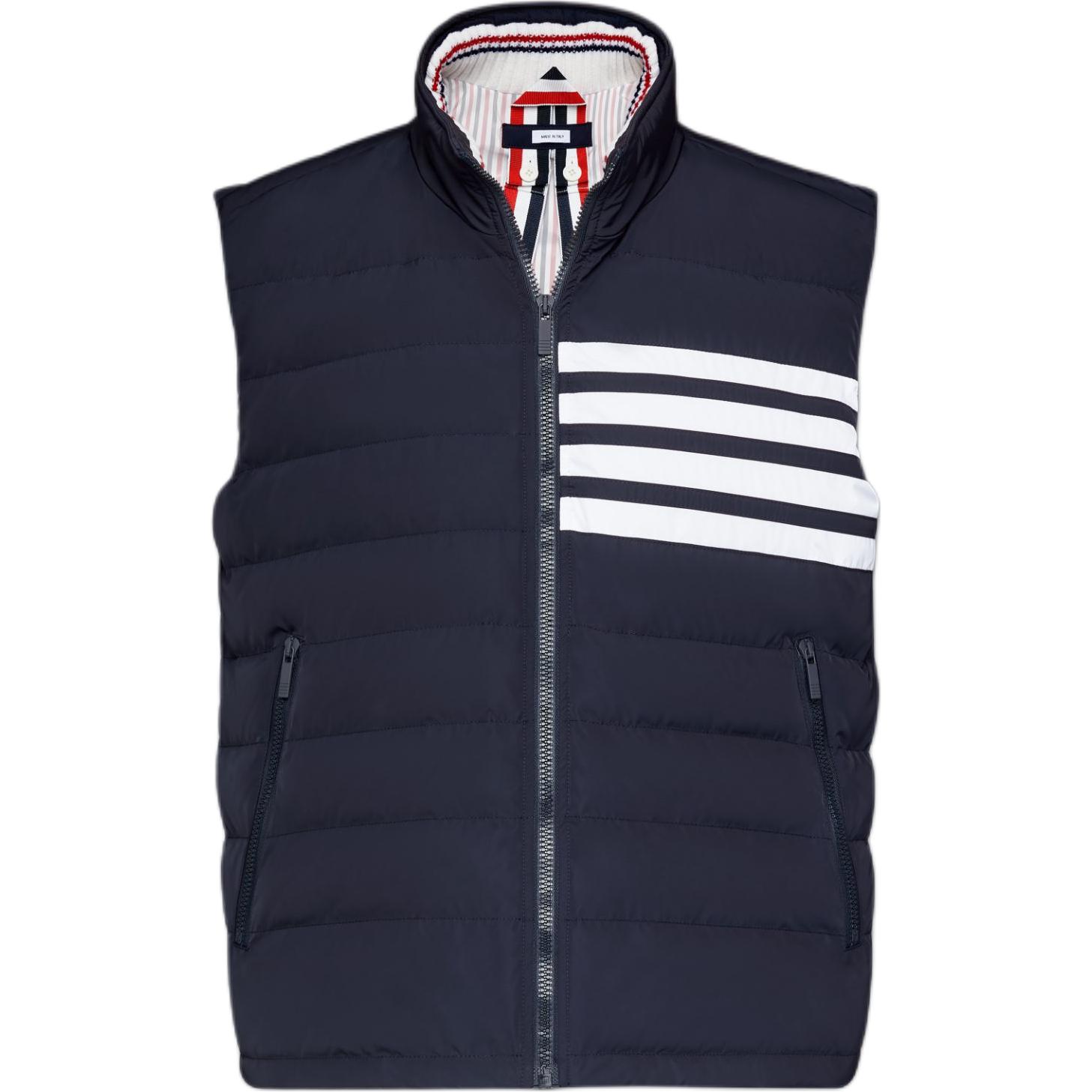 Thom Browne FW21 Navy Blue Down Puffer Vest with Striped Zipper Design. MVD024X-07259-415