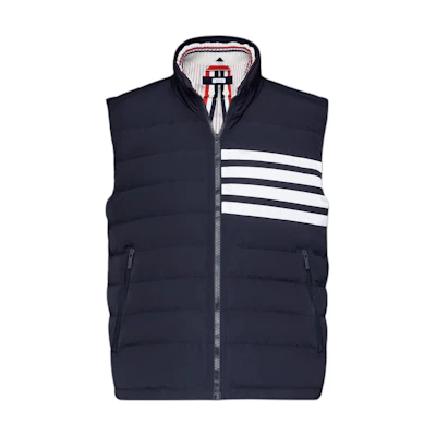 Thom Browne FW21 Navy Blue Down Puffer Vest with Striped Zipper Design. MVD024X-07259-415