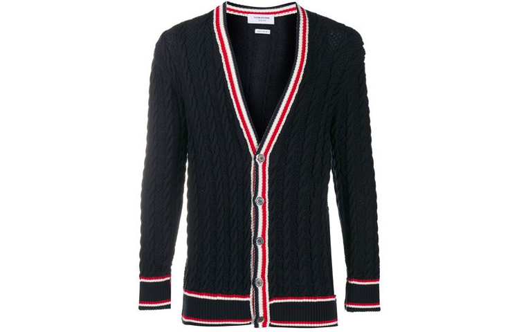 THOM BROWNE FW21 Navy V-Neck Knit Sweater with Tricolor Stripe Trim. MKC326A-Y3017-415