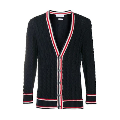 THOM BROWNE FW21 Navy V-Neck Knit Sweater with Tricolor Stripe Trim. MKC326A-Y3017-415
