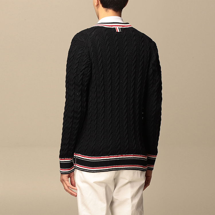 THOM BROWNE FW21 Navy V-Neck Knit Sweater with Tricolor Stripe Trim. MKC326A-Y3017-415 圖 5