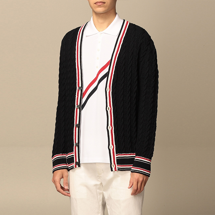 THOM BROWNE FW21 Navy V-Neck Knit Sweater with Tricolor Stripe Trim. MKC326A-Y3017-415 圖 6