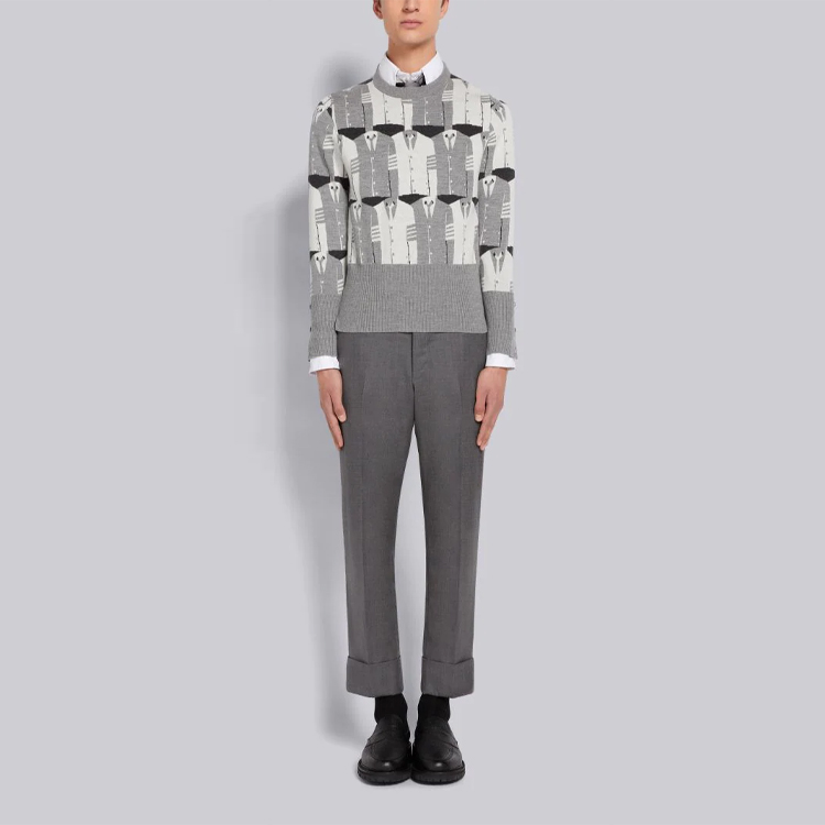 Shop Thom Browne FW21 圖案印花羊毛套頭毛衣 男士灰色 MKA376-AY101-4982