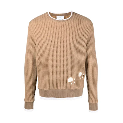 THOM BROWNE FW21 Polar Bear Waffle Knit Wool Sweater Camel Pullover MJT178E-05396-275