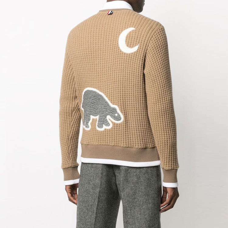 Shop THOM BROWNE FW21 Polar Bear Waffle Knit Wool Sweater Camel Pullover MJT178E-05396-275