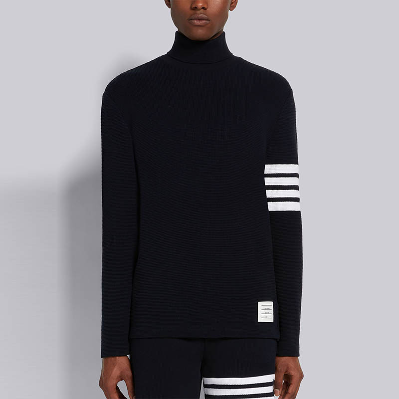 Details for THOM BROWNE FW21 Waffle Knit Turtleneck Sweater Navy 4-Bar MJS106P-05802-415