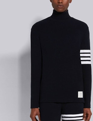 THOM BROWNE FW21 Waffle Knit Turtleneck Sweater Navy 4-Bar MJS106P-05802-415 Details for THOM BROWNE FW21 Waffle Knit Turtleneck Sweater Navy 4-Bar MJS106P-05802-415