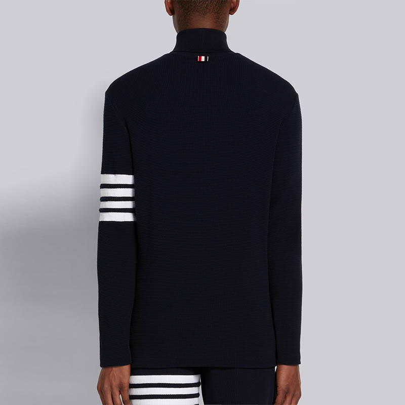 Sizing THOM BROWNE FW21 Waffle Knit Turtleneck Sweater Navy 4-Bar MJS106P-05802-415
