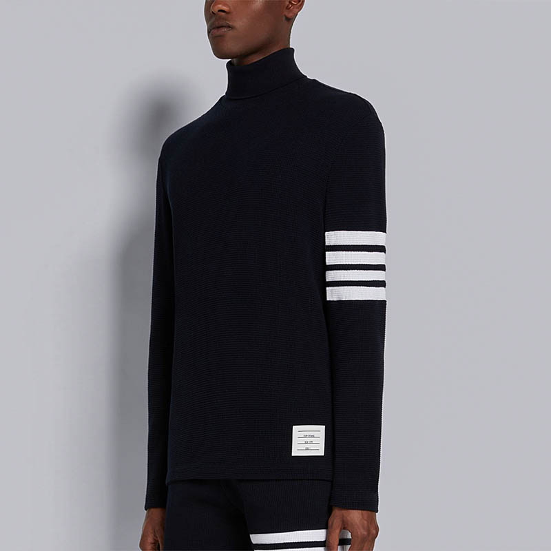 Cheap THOM BROWNE FW21 Waffle Knit Turtleneck Sweater Navy 4-Bar MJS106P-05802-415