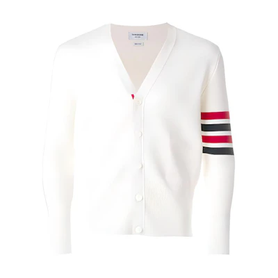 THOM BROWNE FW21 White 4-Bar Striped Wool Sweater. MKC160A-00014-100