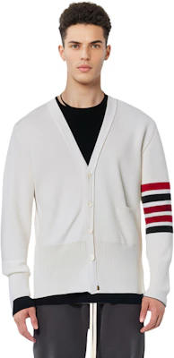 THOM BROWNE FW21 White 4-Bar Striped Wool Sweater. MKC160A-00014-100 Details for THOM BROWNE FW21 White 4-Bar Striped Wool Sweater. MKC160A-00014-100