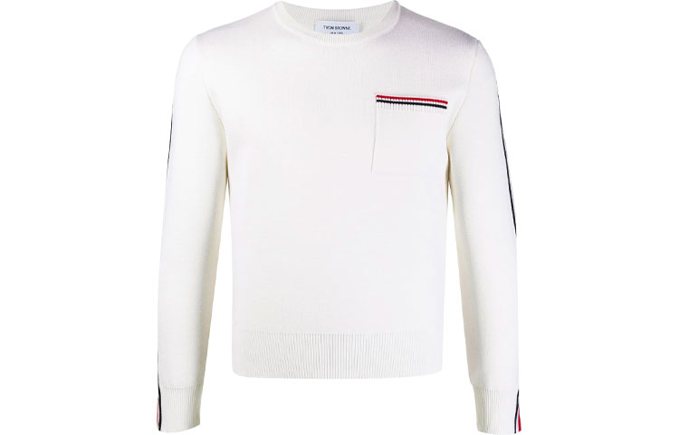 THOM BROWNE FW21 White Striped Wool Blend Crewneck Sweater. MKA367A-Y1002-100
