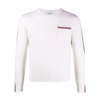 THOM BROWNE FW21 White Striped Wool Blend Crewneck Sweater. MKA367A-Y1002-100