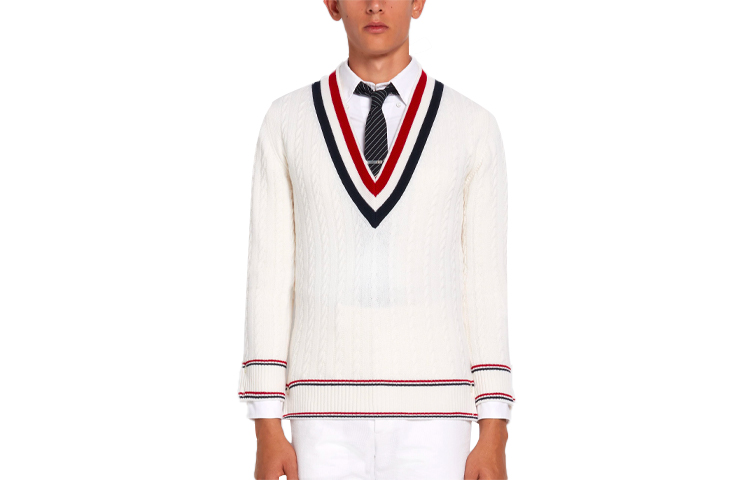 Thom Browne FW21 White V-Neck Sweater with Tricolor Stripe. MKA350A-Y2001-100