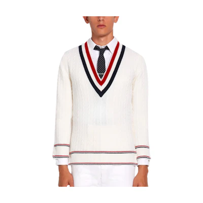 Thom Browne FW21 White V-Neck Sweater with Tricolor Stripe. MKA350A-Y2001-100