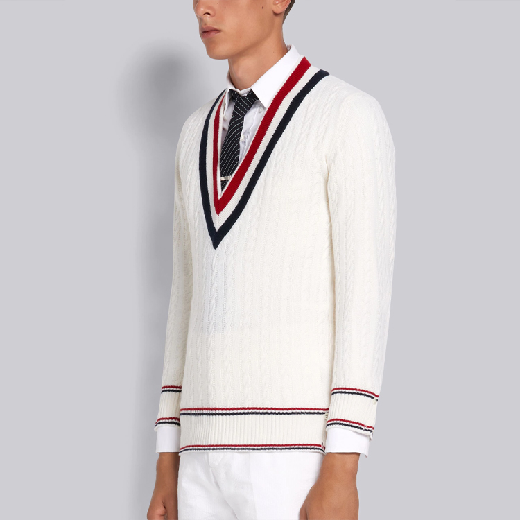 Thom Browne FW21 White V-Neck Sweater with Tricolor Stripe. MKA350A-Y2001-100 圖 4