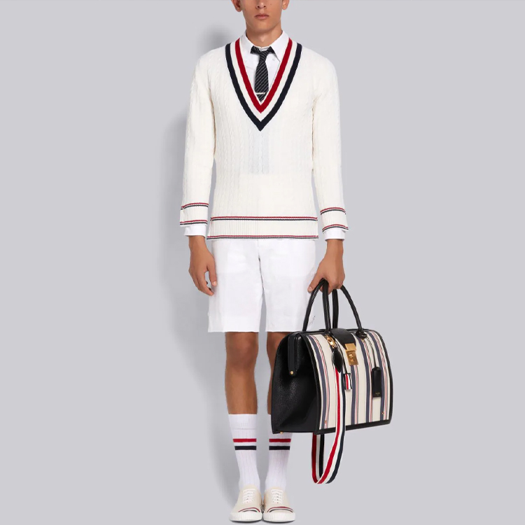 Thom Browne FW21 White V-Neck Sweater with Tricolor Stripe. MKA350A-Y2001-100 圖 5