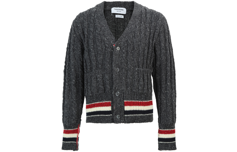 Thom Browne FW21 Wool Sweater Tricolor Cable Knit Stripe Dark Gray MKC357A-Y1502-025