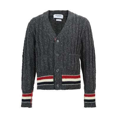 Thom Browne FW21 Wool Sweater Tricolor Cable Knit Stripe Dark Gray MKC357A-Y1502-025