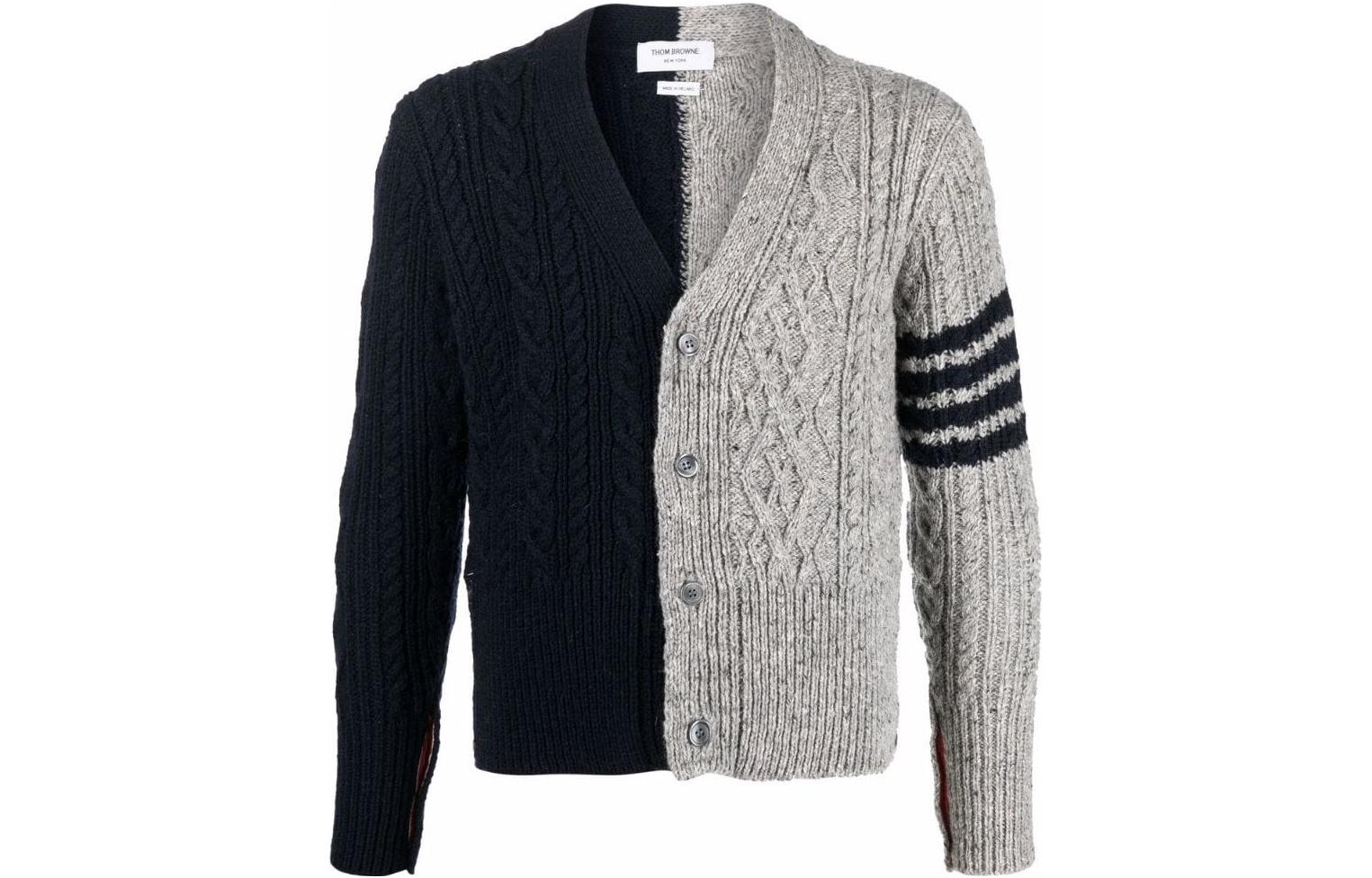 THOM BROWNE FW22  Black Gray Two-Tone Cable Knit Sweater MKC409F-Y1506-415