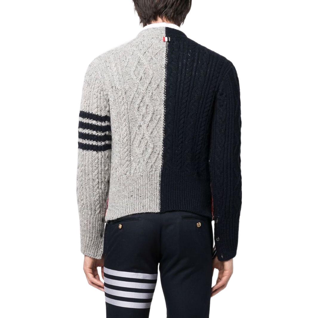 Shop THOM BROWNE FW22 Suéter de Punto Trenzado Bicolor Negro y Gris MKC409F-Y1506-415
