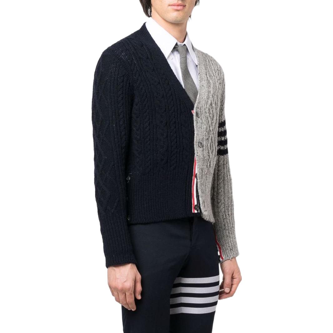 Purchase THOM BROWNE FW22 Suéter de Punto Trenzado Bicolor Negro y Gris MKC409F-Y1506-415