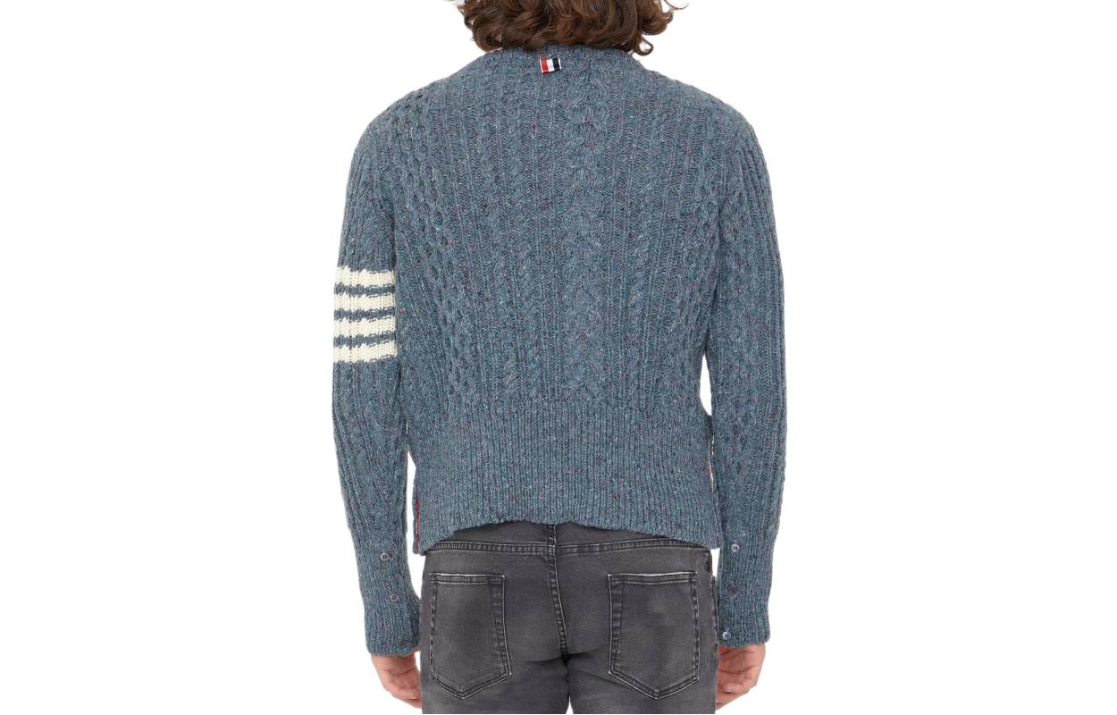 Lookbook Thom Browne FW22 Suéter Azul de Mohair y Lana con Cuatro Rayas. MKA411A-Y1506-420