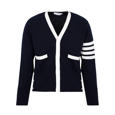 Thom Browne FW22 Blue V-Neck Knit Cardigan with Contrast Stripe Details MKC001D-00011-415