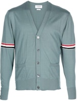 Thom Browne FW22 Blue V-Neck Wool Cardigan with Sleeve Stripes. MKC410-AY1014-420 Thom Browne FW22 Blue V-Neck Wool Cardigan with Sleeve Stripes. MKC410-AY1014-420