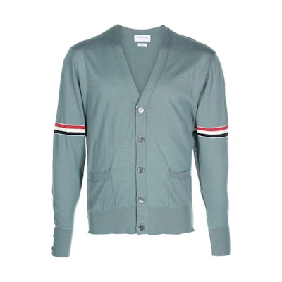 Thom Browne FW22 Blue V-Neck Wool Cardigan with Sleeve Stripes. MKC410-AY1014-420