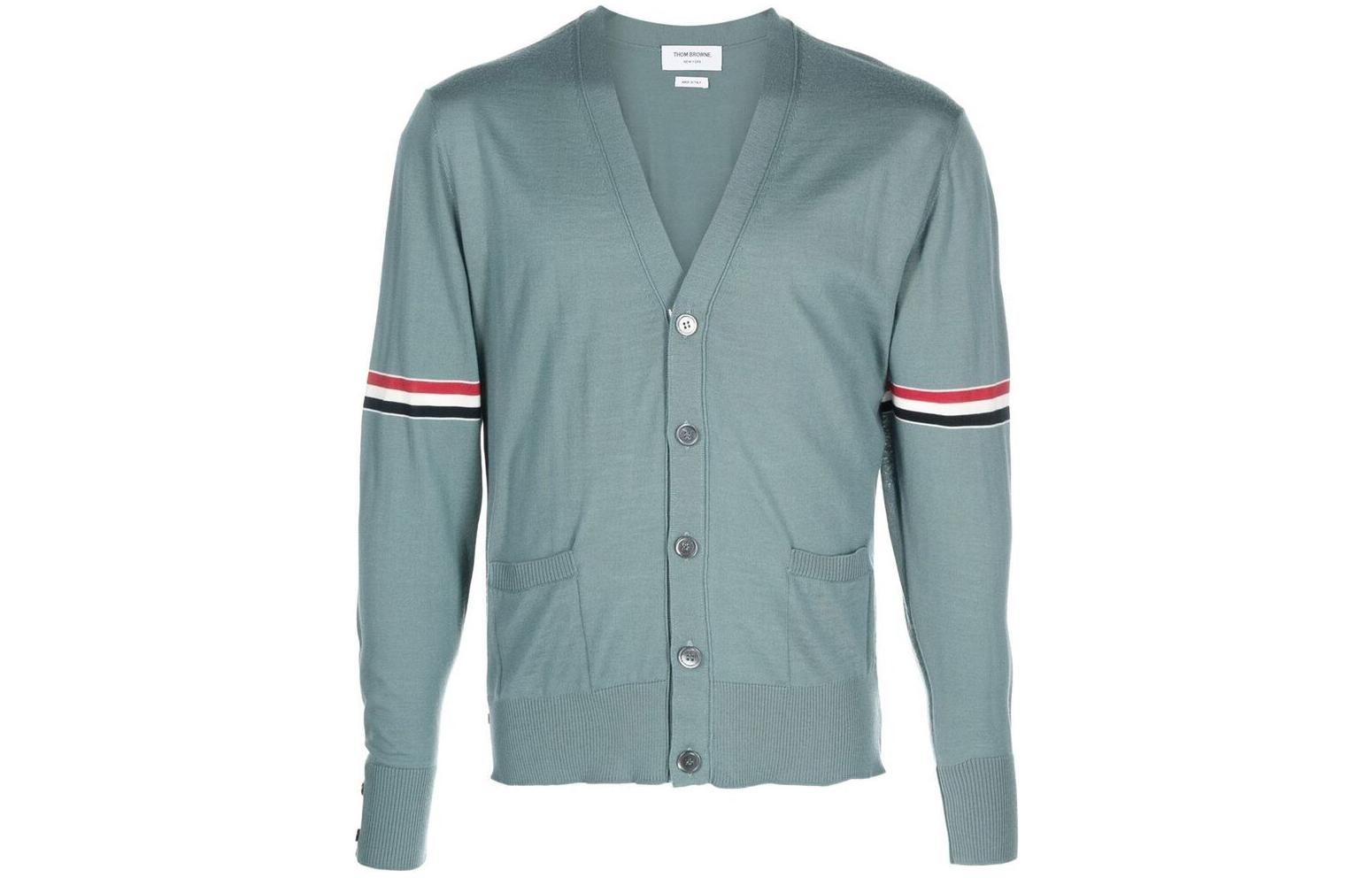 Order Thom Browne FW22 Kardigan Wol V-Neck Biru dengan Garis Lengan. MKC410-AY1014-420