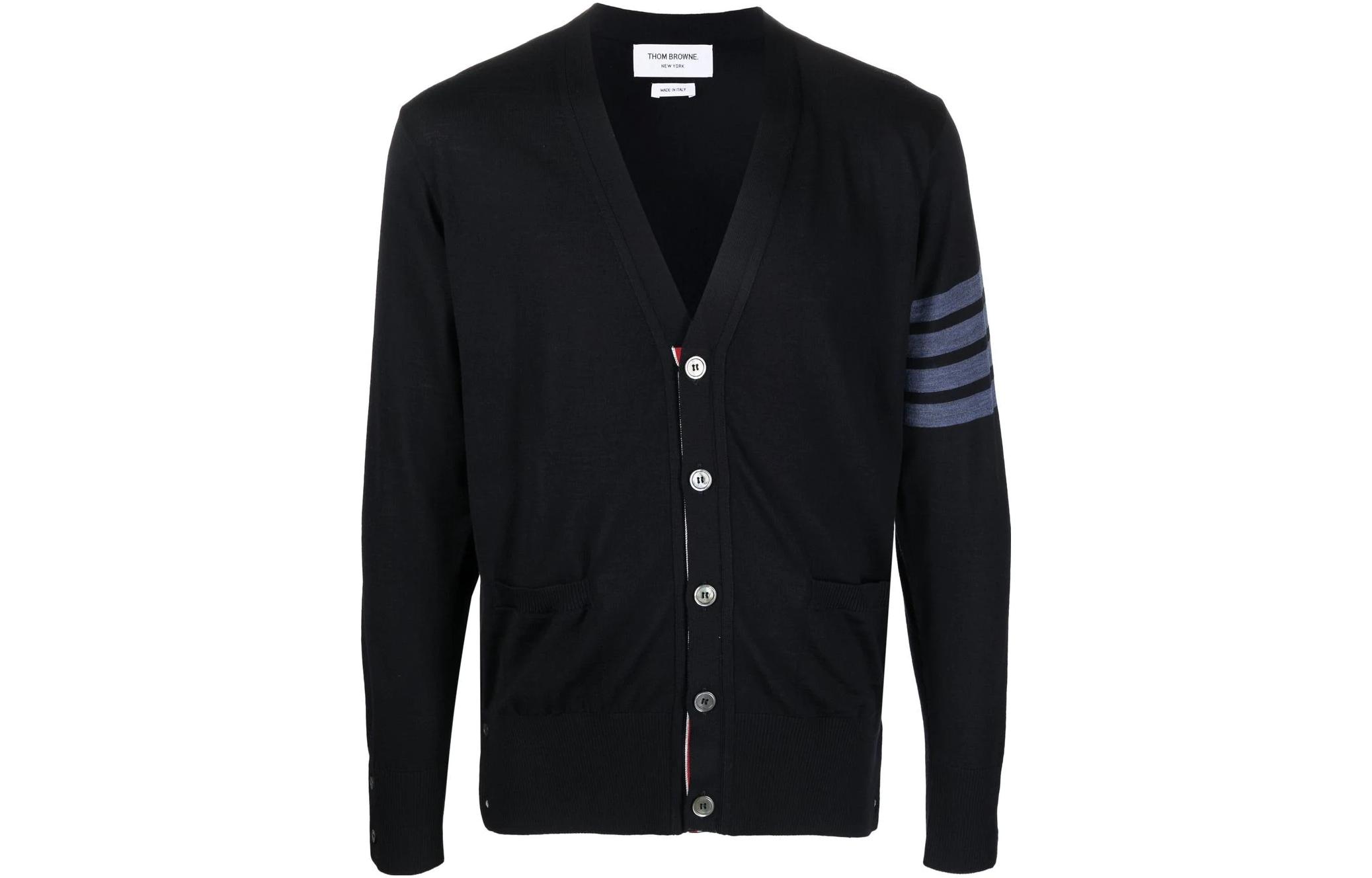 Order THOM BROWNE FW22 Klasik 4-Bar V-Neck Wool Cardigan Sweater Navy. MKC002B-Y1014-415