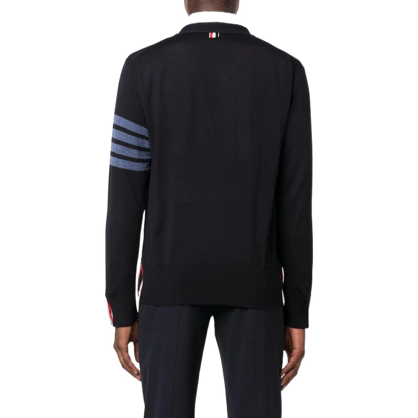 Shop THOM BROWNE FW22 Klasik 4-Bar V-Neck Wool Cardigan Sweater Navy. MKC002B-Y1014-415