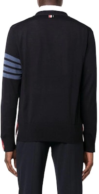 THOM BROWNE FW22 Klasik 4-Bar V-Neck Wool Cardigan Sweater Navy. MKC002B-Y1014-415 Shop THOM BROWNE FW22 Klasik 4-Bar V-Neck Wool Cardigan Sweater Navy. MKC002B-Y1014-415