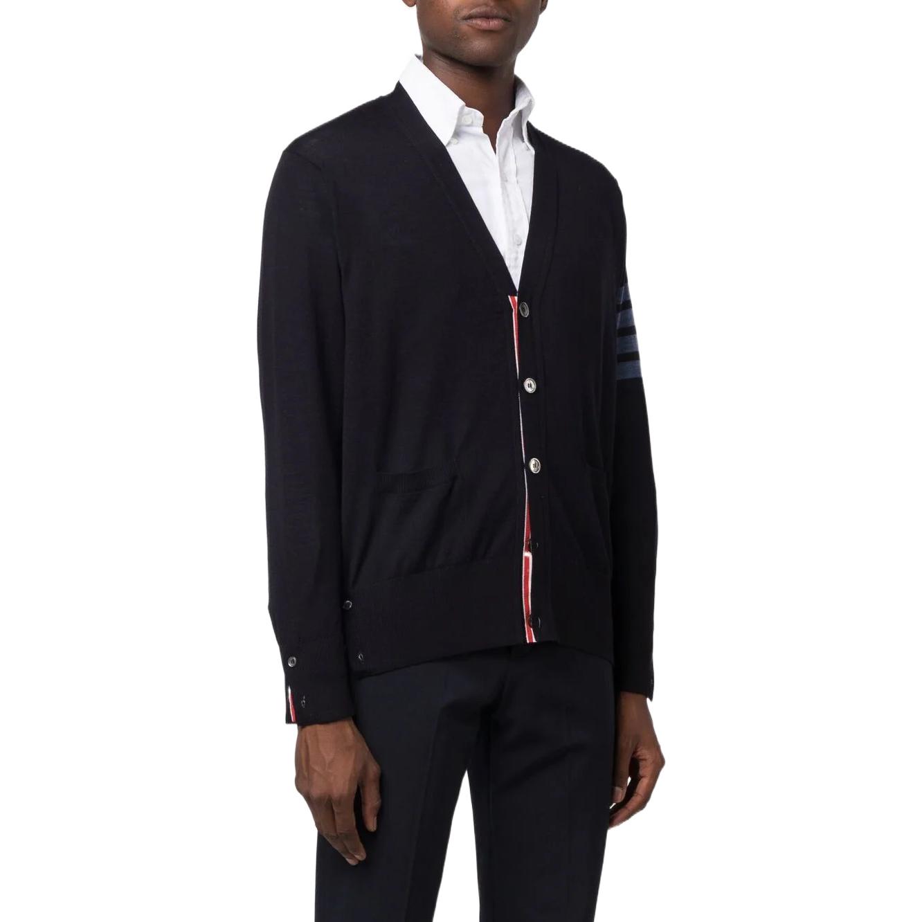 Purchase THOM BROWNE FW22 Klasik 4-Bar V-Neck Wool Cardigan Sweater Navy. MKC002B-Y1014-415