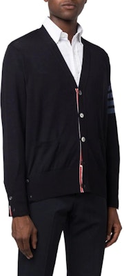 THOM BROWNE FW22 Klasik 4-Bar V-Neck Wool Cardigan Sweater Navy. MKC002B-Y1014-415 Purchase THOM BROWNE FW22 Klasik 4-Bar V-Neck Wool Cardigan Sweater Navy. MKC002B-Y1014-415
